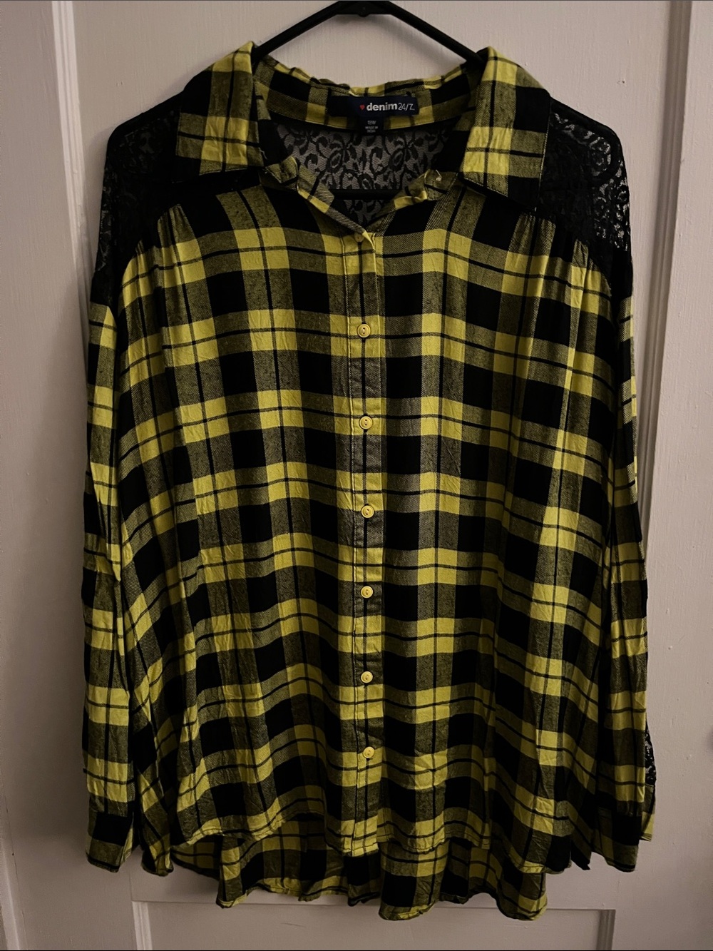 Denim 24/7 Yellow and Black Plaid Button-Up with Lace